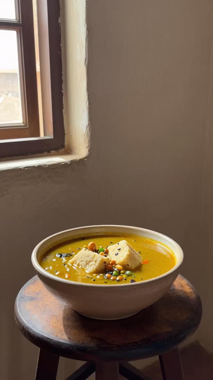 Bowl of Groundnut Soup and Fufu in Bamako in on a small dining table by a window in Bamako