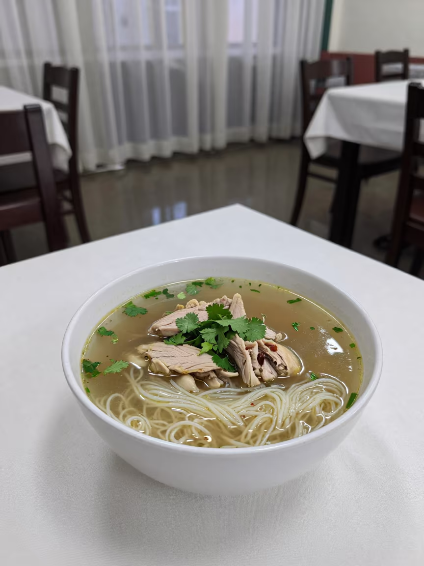 Bowl of Khao Piak Sen with Chicken on Table in on a linen-covered restaurant table in Nizhny Novgorod
