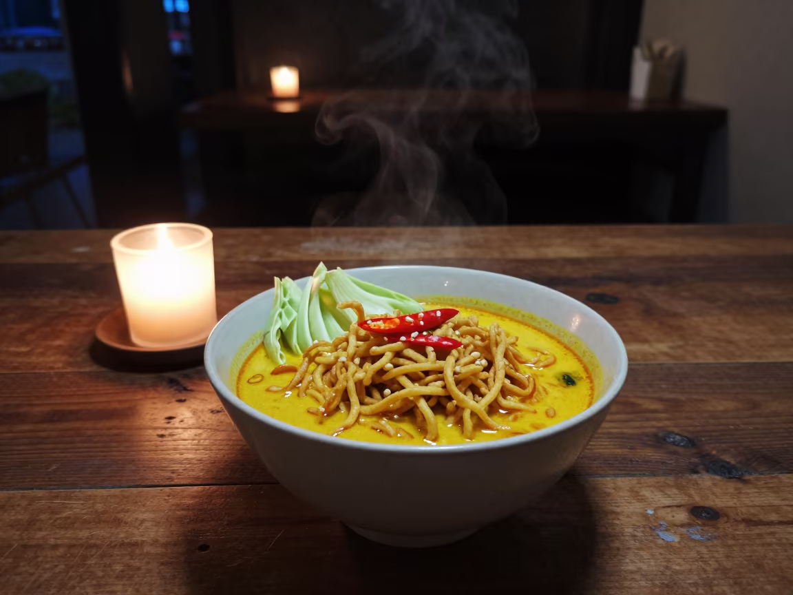 Bowl of khao soi with crispy noodles in on a rustic wooden table in Sukhumvit, Bangkok