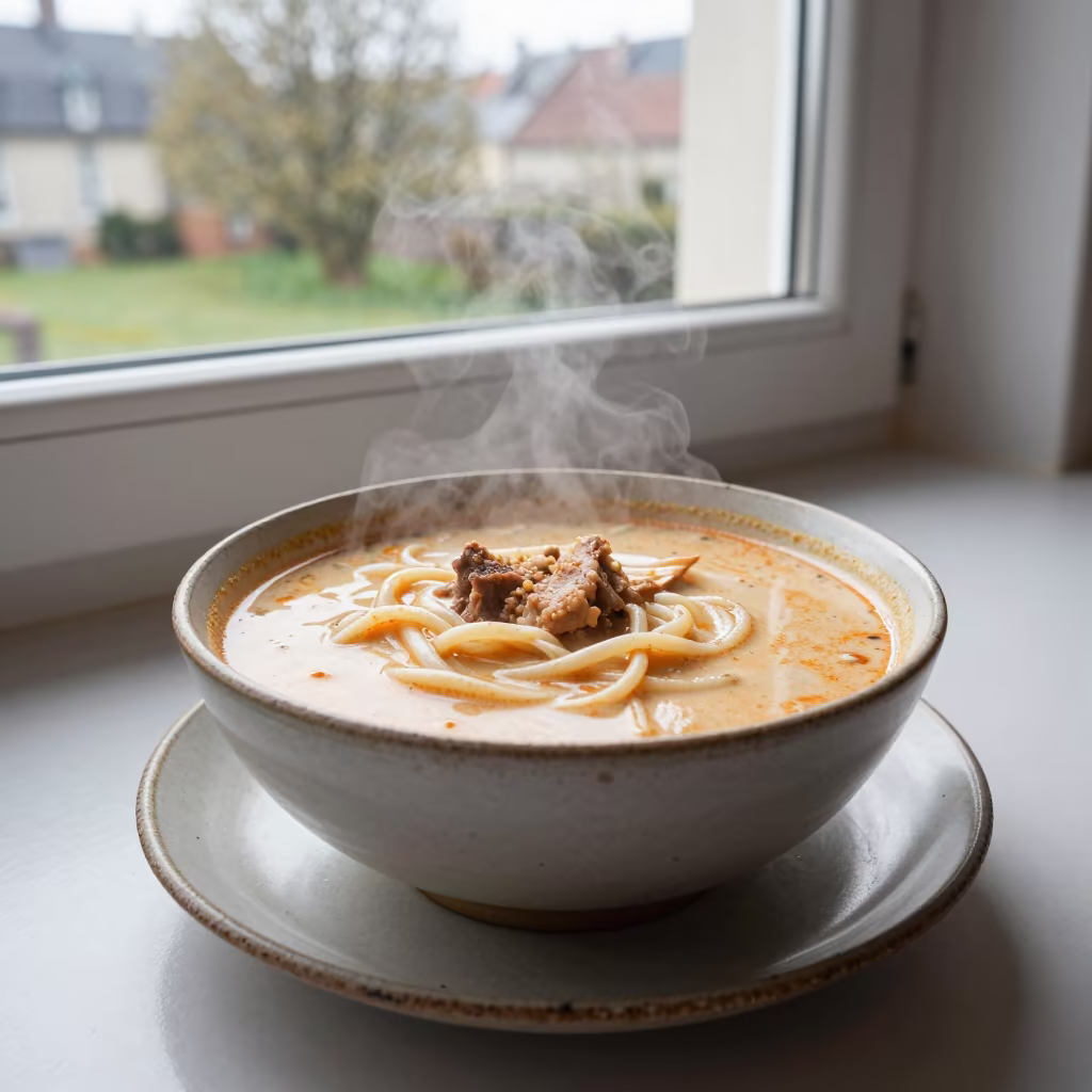 Bowl of Laksa with Coconut Broth and Thick Noodles in on a ceramic plate by a window in Rennes