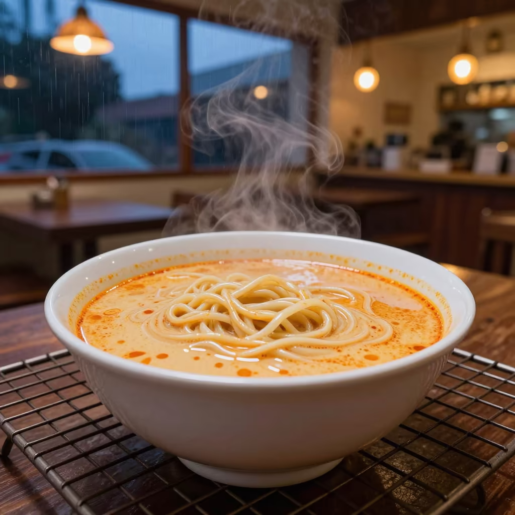 Bowl of Laksa Lemak on Bakery Rack in on a bakery cooling rack in Ouagadougou