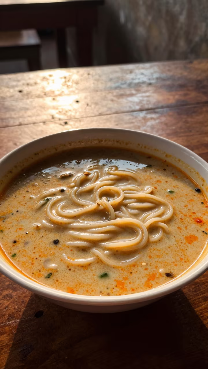 Bowl of Laksa Lemak Noodles in Dhaka Evening in on a rustic wooden table in Banani, Dhaka