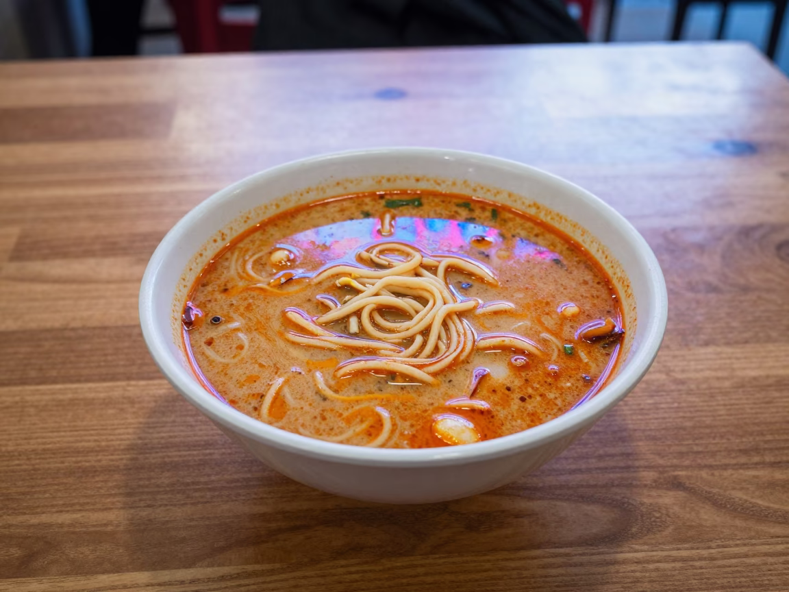 Bowl of Laksa Noodles Neon Light Nottingham in at a roadside diner table in Nottingham