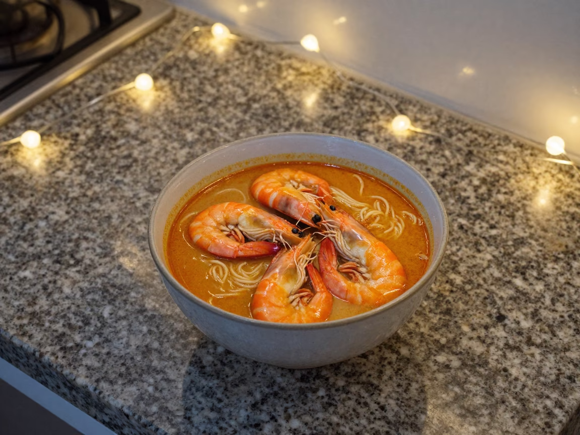 Bowl of Laksa Prawns Xiamen Dawn Light in on a kitchen worktop in Xiamen