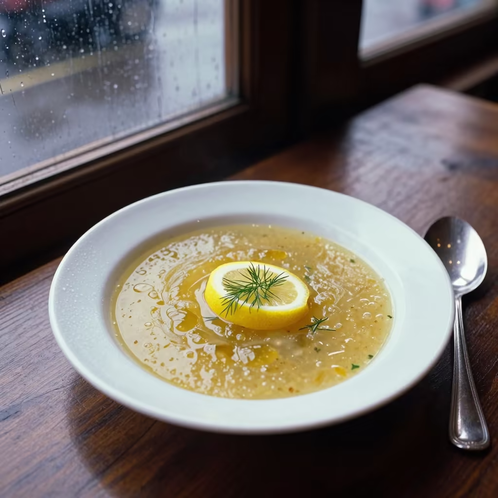 Bowl of Avgolemono Soup with Lemon in Kinshasa in on a restaurant table in Kinshasa