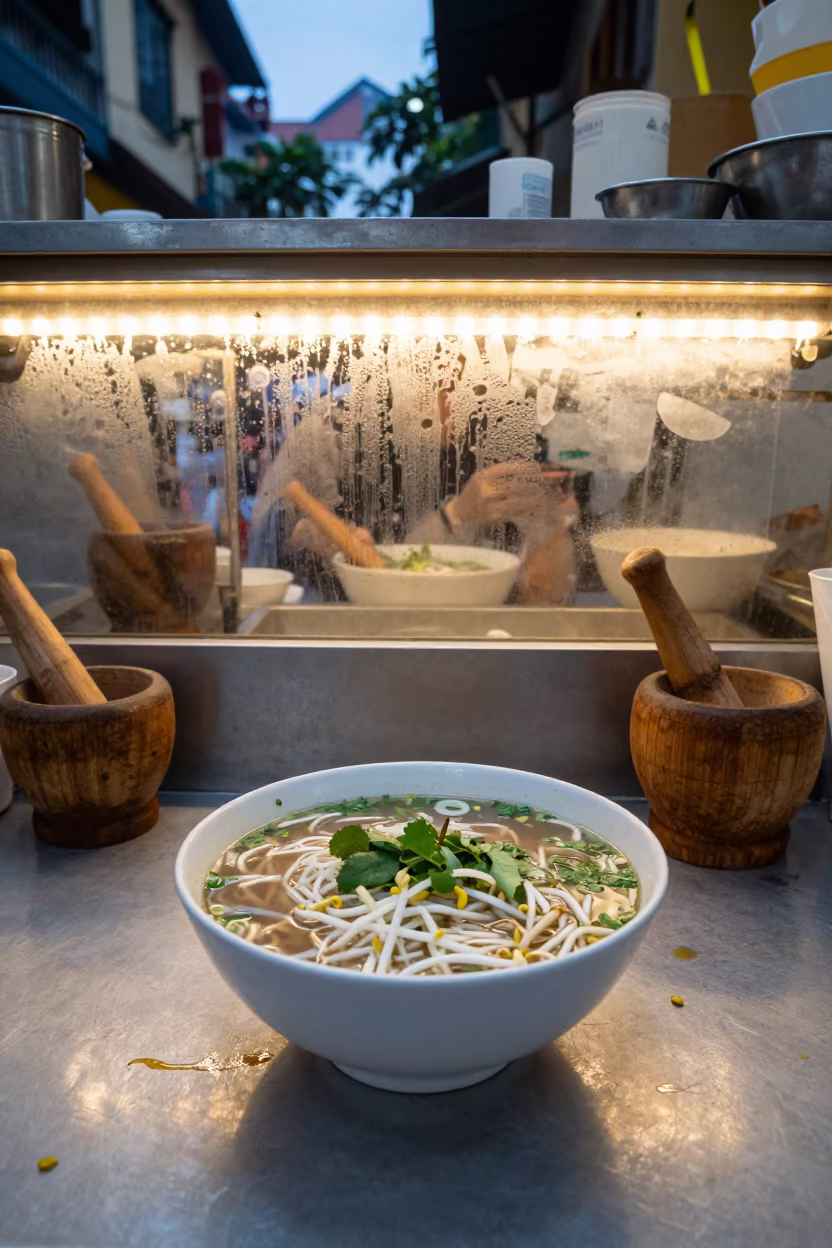 Bowl of Pho with Herbs at Hanoi Noodle Counter in at a noodle counter in French Quarter, Hanoi