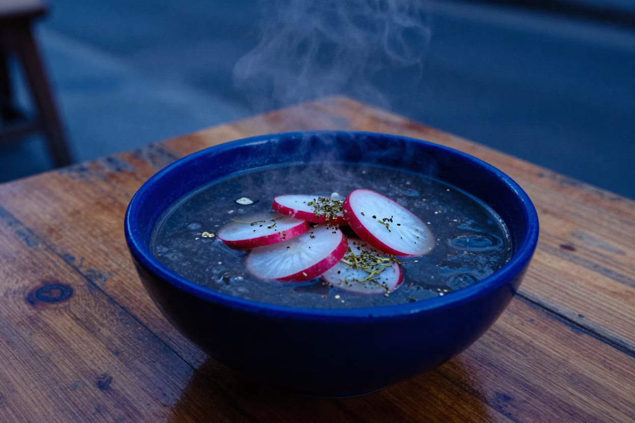 Bowl of Pozole with Radish and Oregano in Mexico City Indigo Twilight in in Mexico City, Mexico