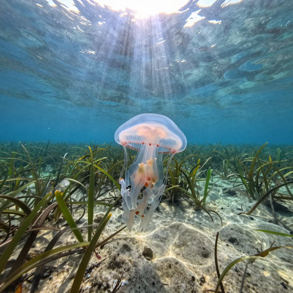 Box Jellyfish Drifting in Singapore Shallows in above a seagrass meadow near Haji Lane, Singapore