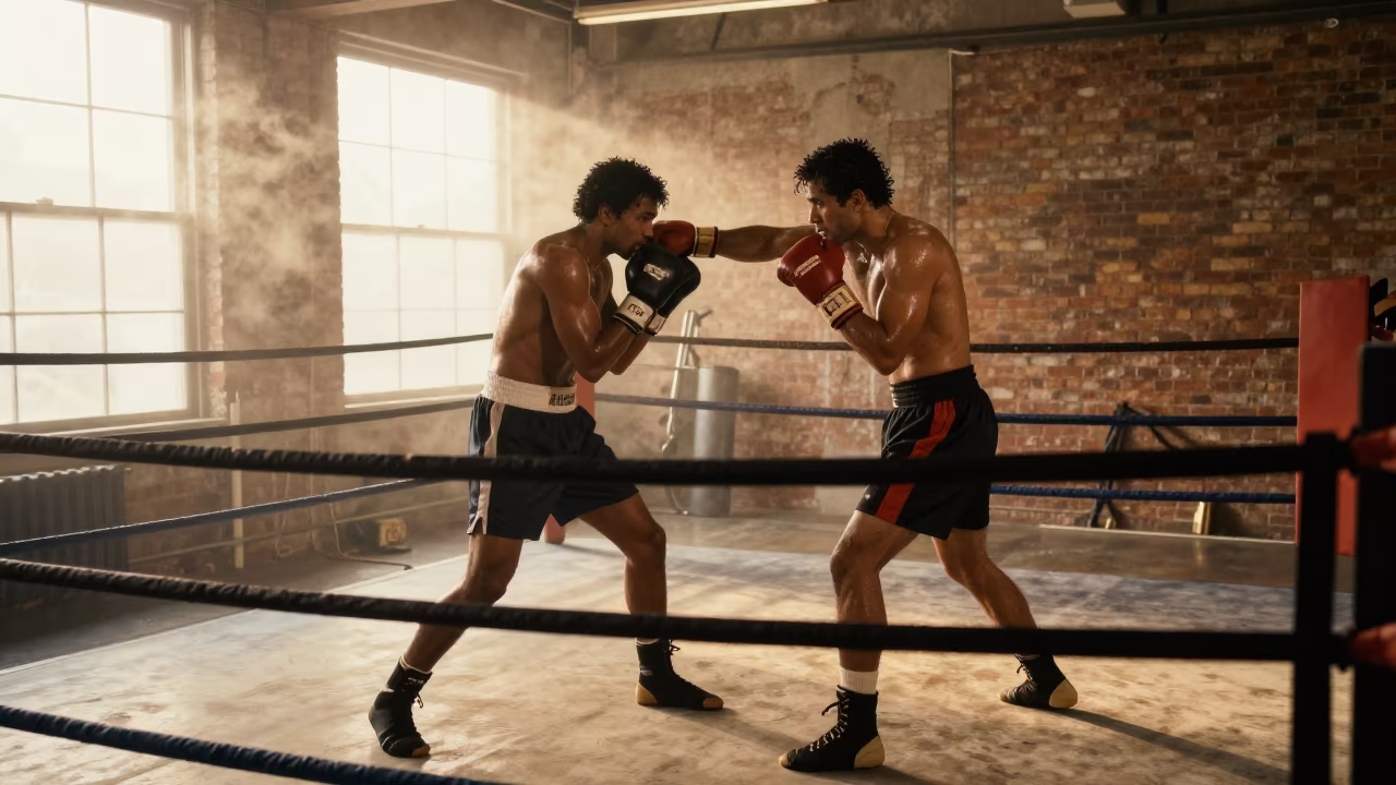 Boxer Absorbing Body Shots in Golden Hour Studio in in a studio in Little Haiti, Miami
