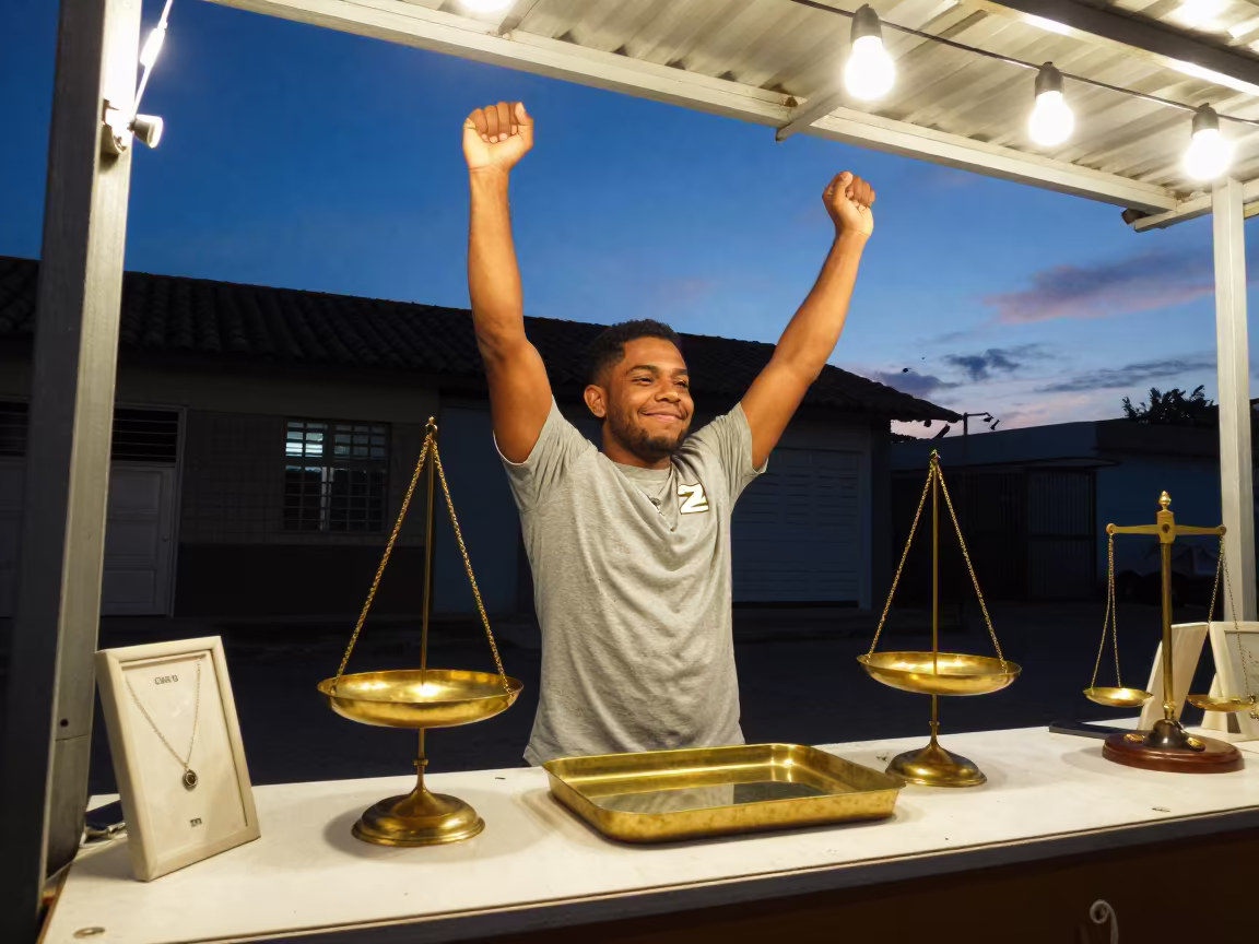 Boxer Celebrates Knockout in Maturín Jeweler Stall in inside a jeweler's stall with brass scales and trays in Maturín