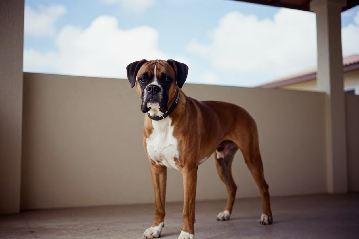 Boxer Dog on Shaded Porch Near Dublin Wall in beside a plain courtyard wall in clear daylight with the animal at eye level near Dublin