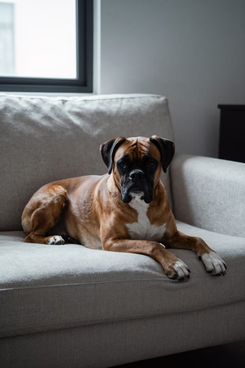 Boxer Dog Resting on Linen Sofa in Bangsar Home in on a linen sofa with daylight from a nearby window in Bangsar, Kuala Lumpur