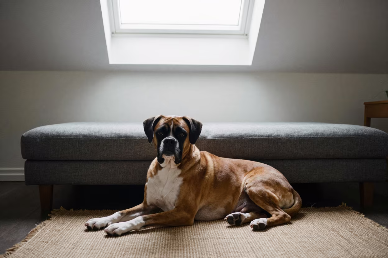 Boxer Dog Resting on Woven Rug in Reykjavik Home in on a woven rug beside a low couch and an uncluttered wall near Reykjavik
