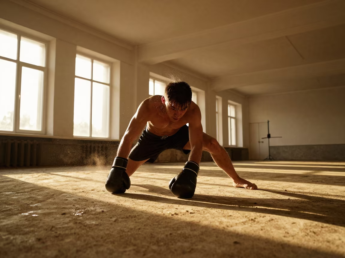 Boxer Ducking Jab Under Golden Window Light in in a market hall in Obninsk