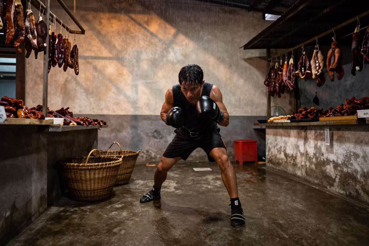 Boxer Ducking Jab in Xining Market Hall in in a market hall in Xining