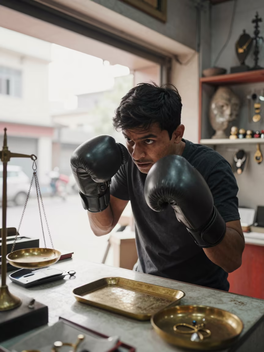 Boxer Jab in Dehradun Jeweler Stall in inside a jeweler's stall with brass scales and trays in Dehradun
