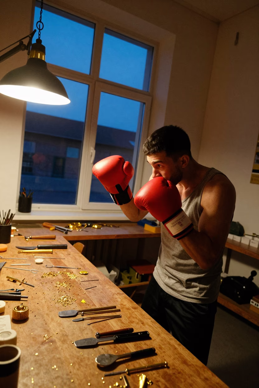 Boxer Jab in Sofia Goldsmith Workshop in inside a goldsmith workshop behind the market lane in Sofia