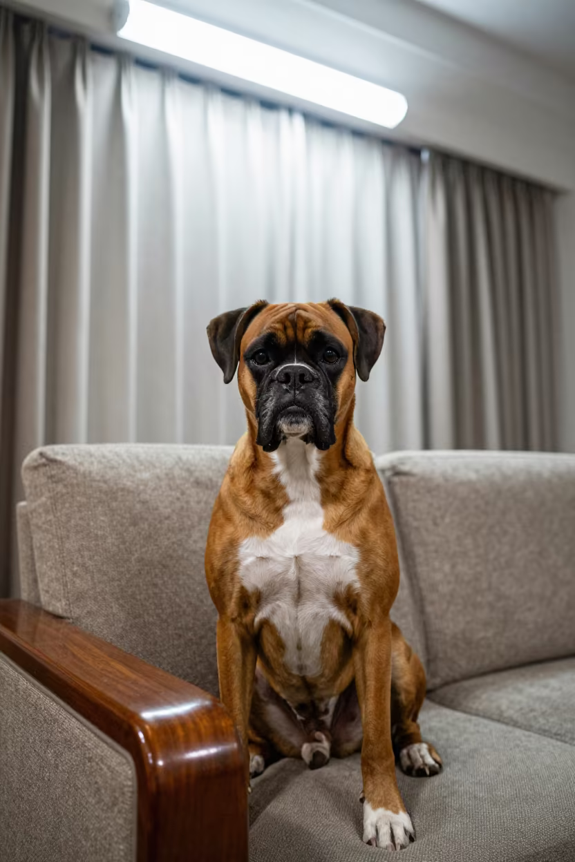 Boxer Portrait Near Mansoura Curtained Window in on a sofa near a curtained window with calm indoor light near Mansoura