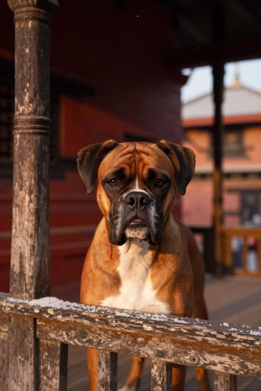 Boxer Portrait on Shaded Lalitpur Porch in on a shaded front porch with boards, railings, and eye-level framing in Lalitpur