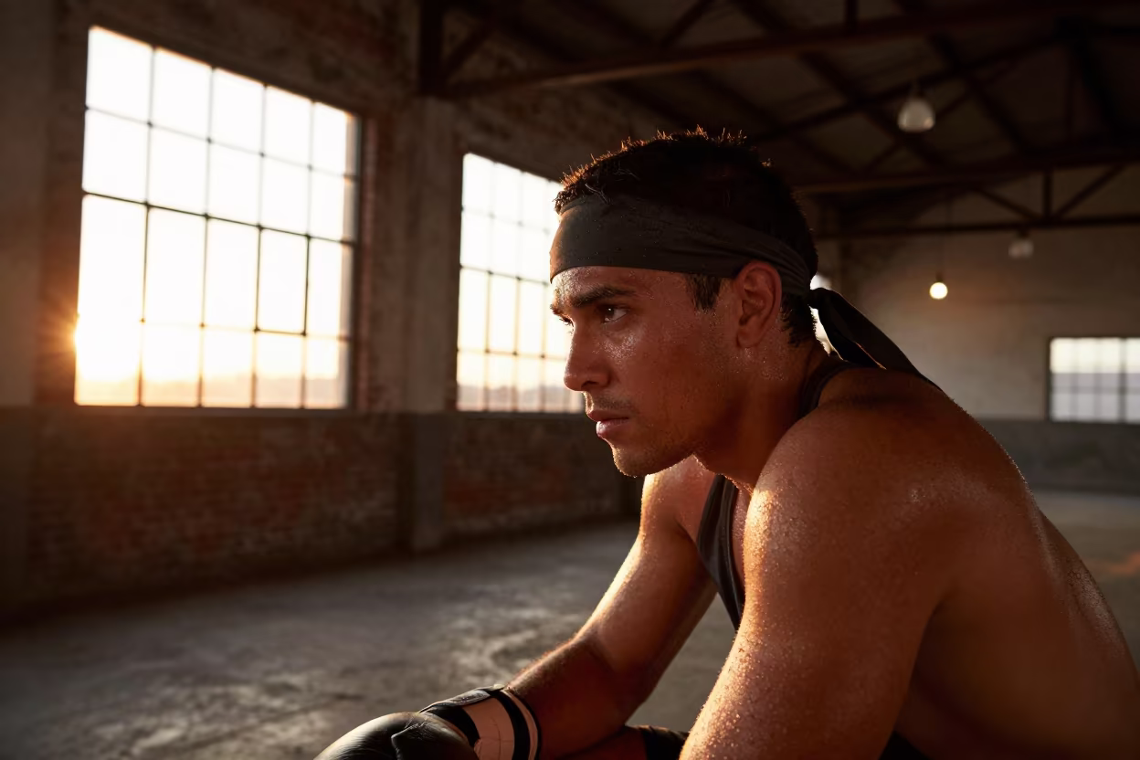 Boxer Resting Between Rounds in El Tigre Loft in in a warehouse loft in El Tigre