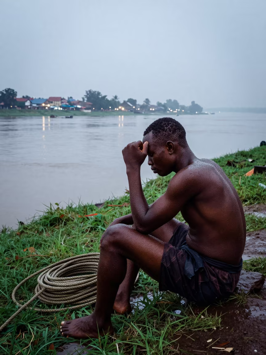 Boxer resting by riverbank in rainy evening light in by a riverbank near Hadejia