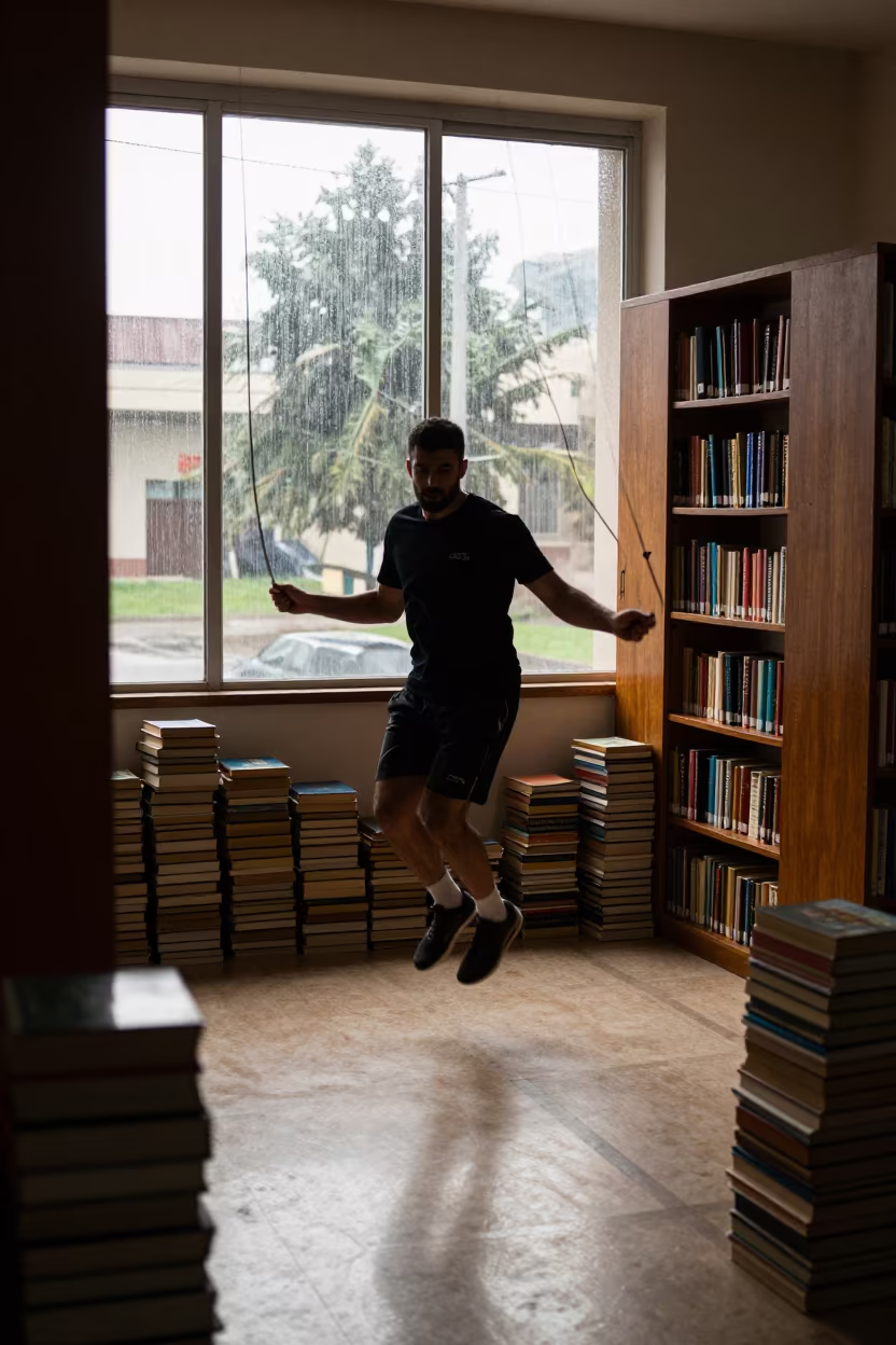 Boxer Skipping Rope in Library Reading Room in in a library reading room in Shorouk