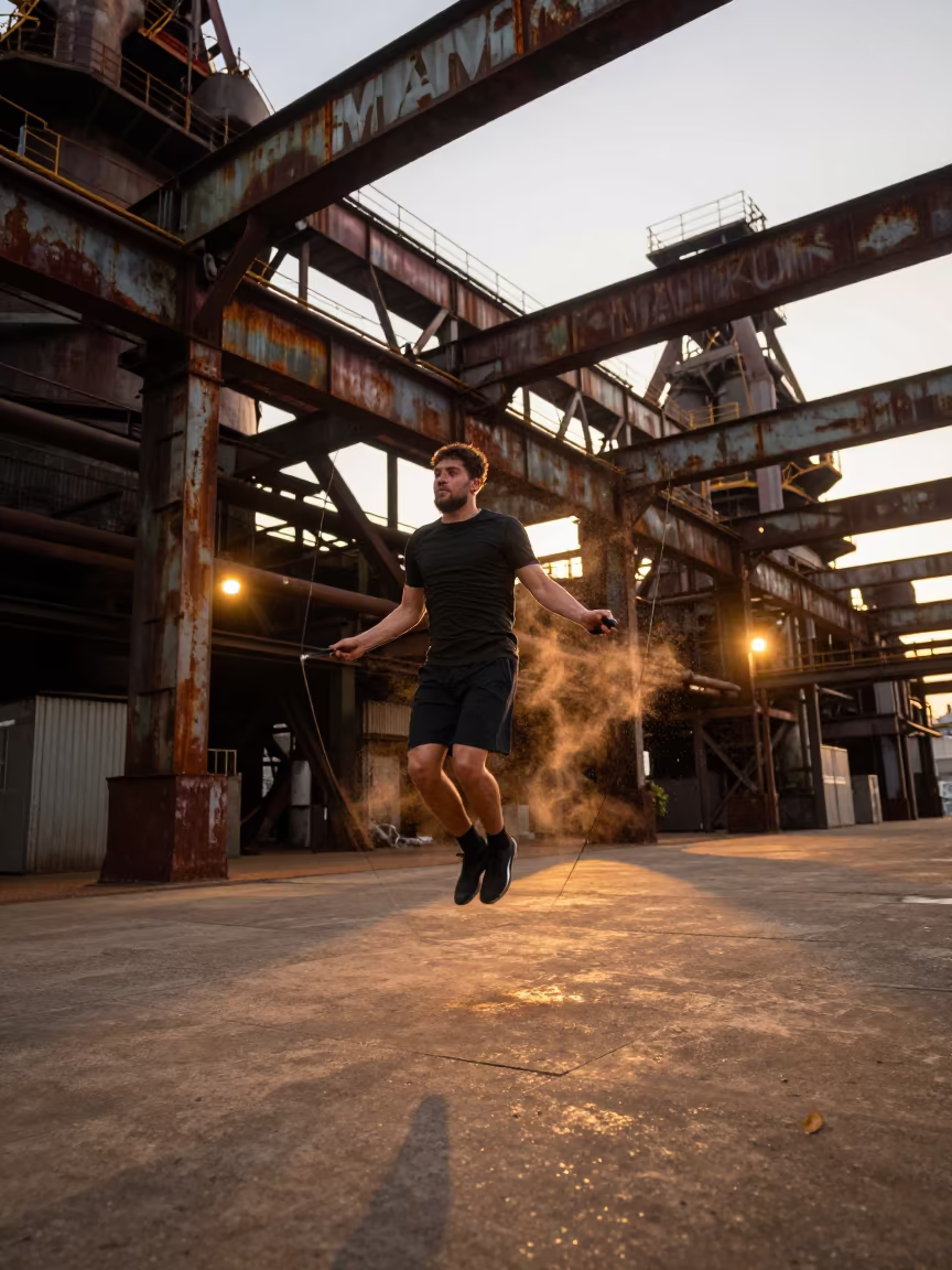 Boxer Skipping Rope in Malmo Foundry Golden Light in in a foundry in Malmo