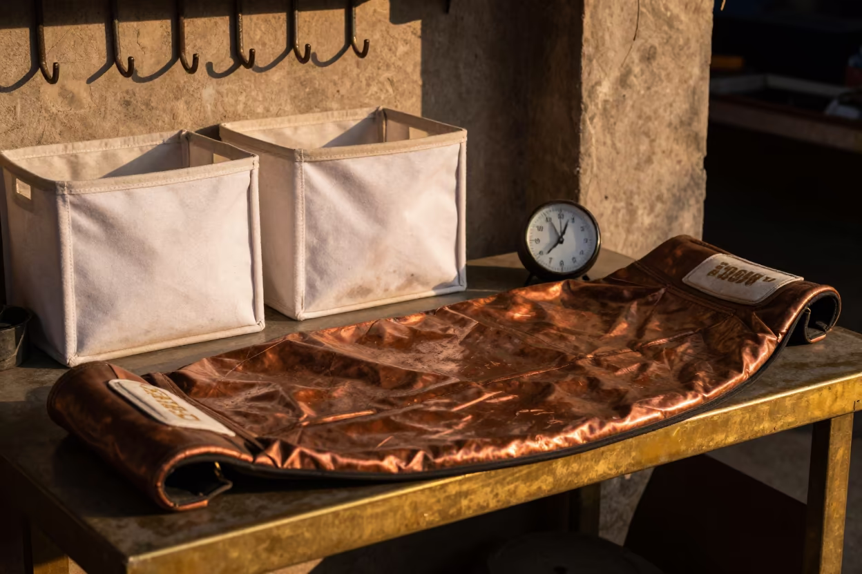 Boxing Apron on Goldsmith Bench in Pune Bazaar in at a goldsmith bench in a bazaar jewelry lane in Pune