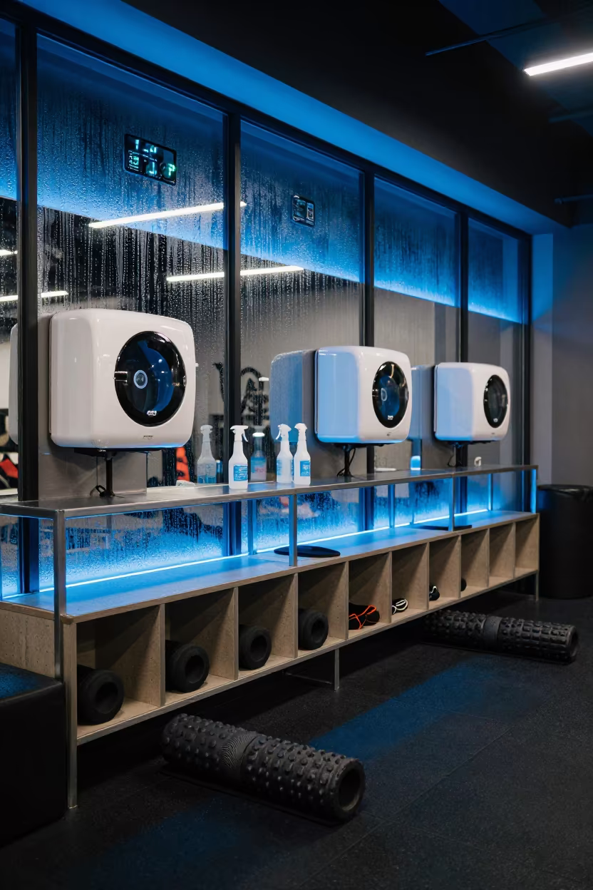 Boxing Recovery Station Under Blue LEDs at Night in inside a recovery lounge beside foam rollers in Waterloo