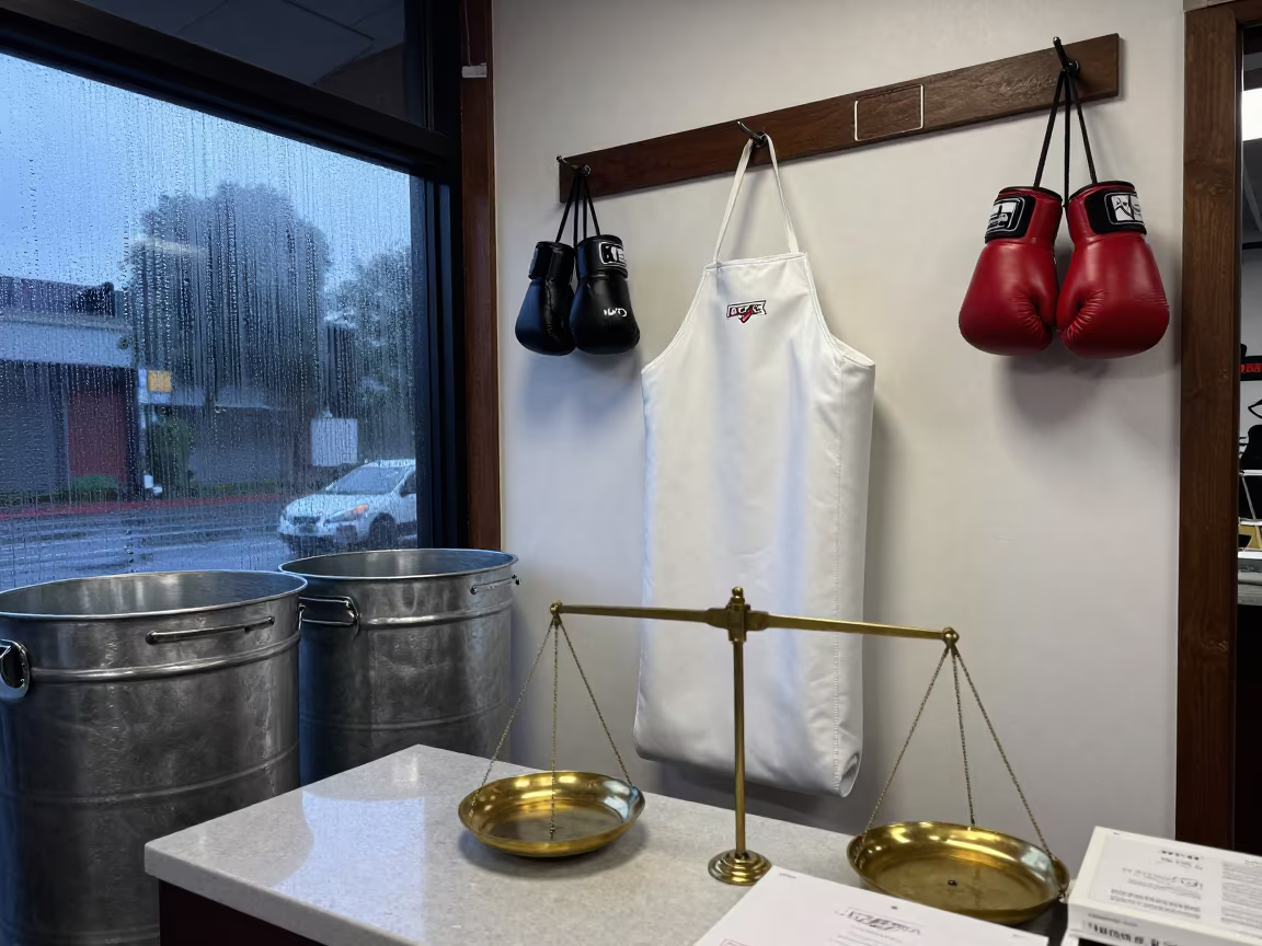 Boxing Ring Apron in Jeweler Stall Dawn Light in inside a jeweler's stall with brass scales and trays near Ezeiza