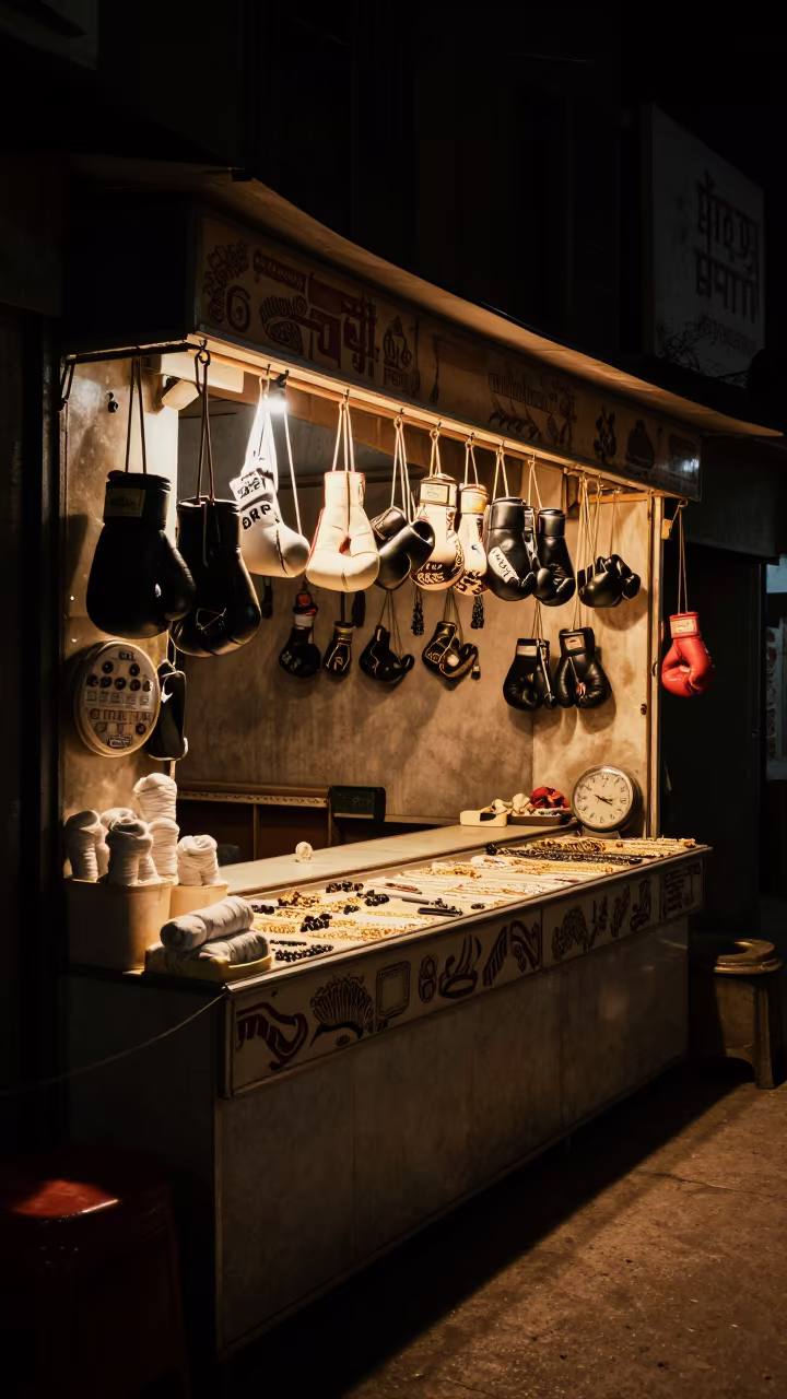 Boxing Ring Apron at Lahore Jewelry Counter Night in at a jewelry counter inside a covered bazaar in Lahore