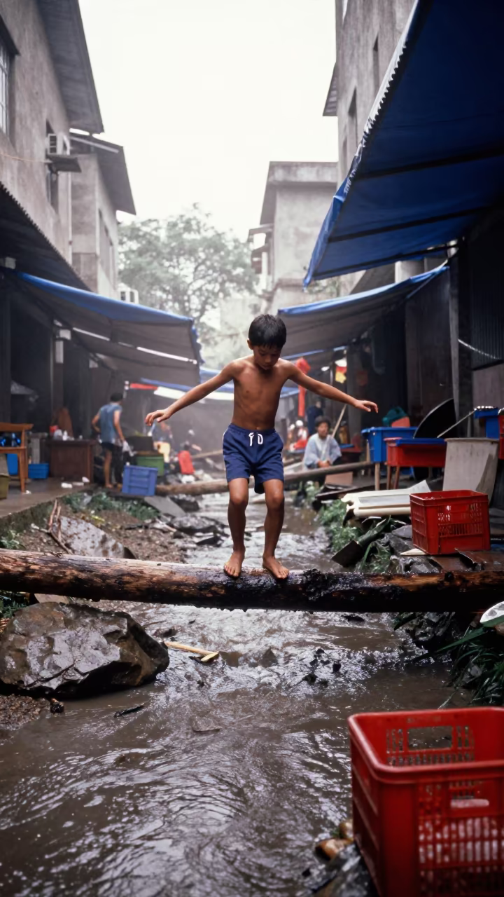 Boy Balancing on Log Over Creek Nanning Market in along a market lane in Nanning