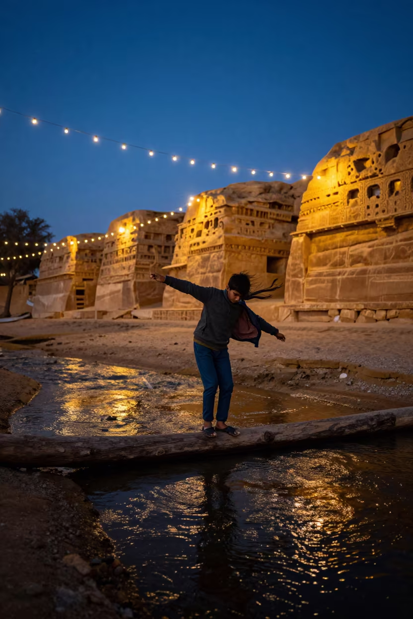 Boy Balancing on Log in Jaisalmer Winter Night in in Jaisalmer