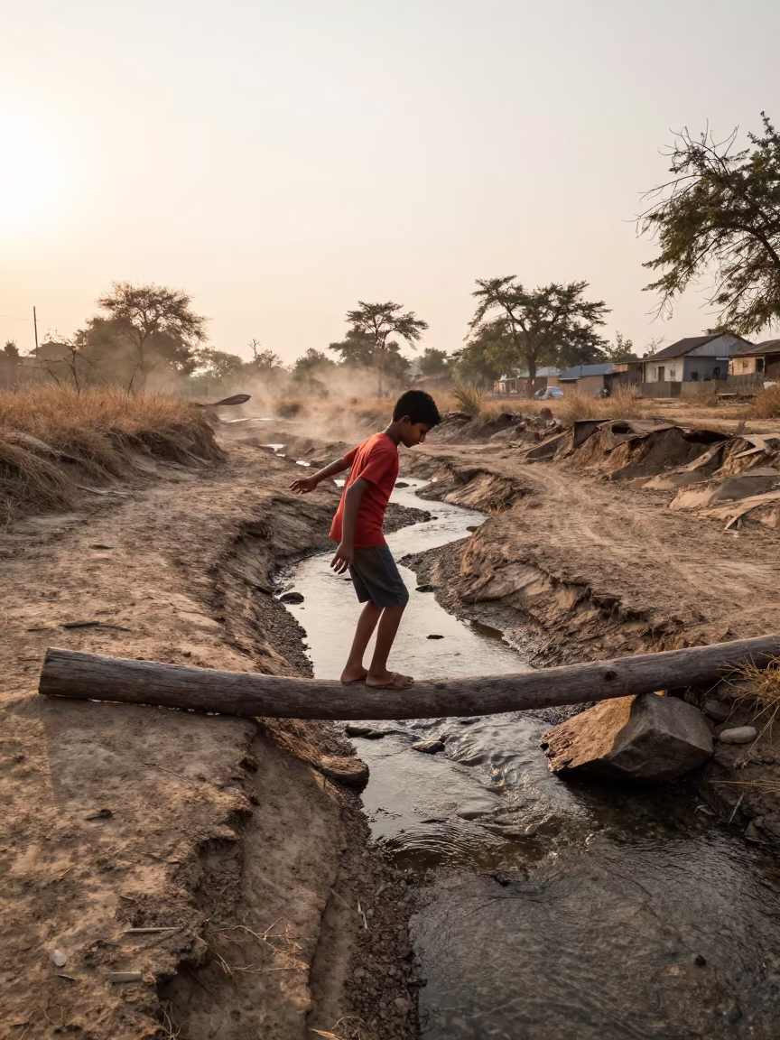 Boy Balancing on Log Over Creek in Patiala in in Patiala