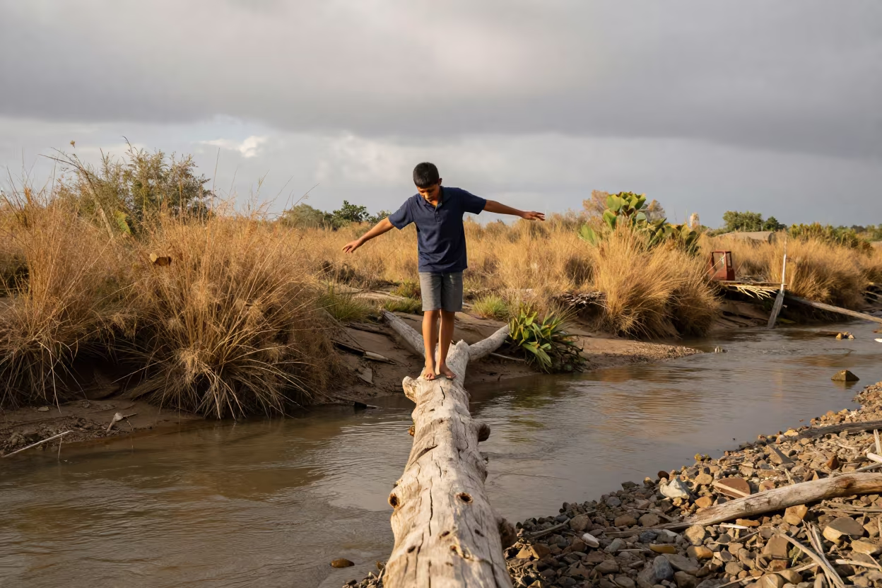 Boy Balancing on Log Over Creek in Safi in near a riverside landing in Safi