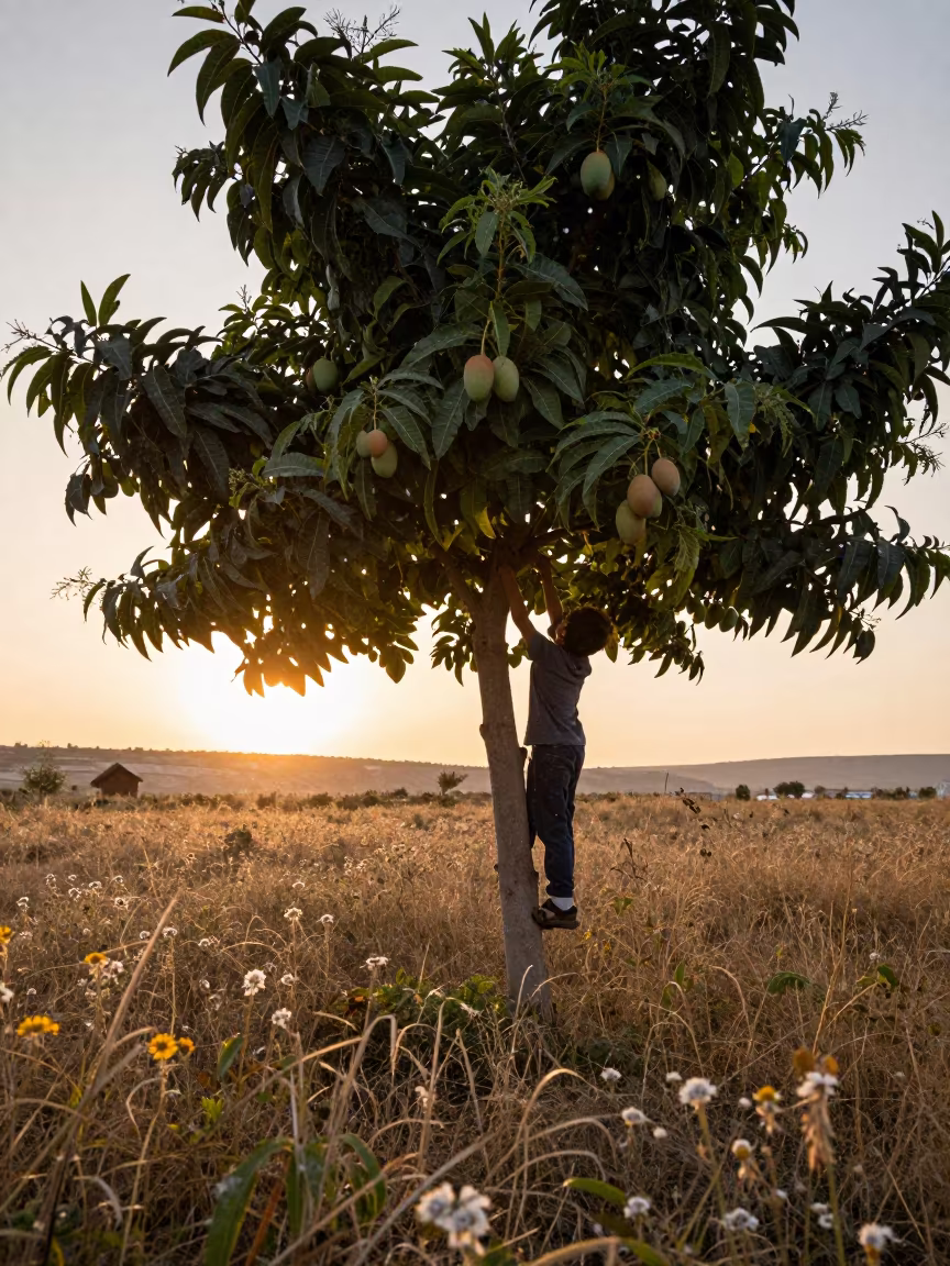 Boy Climbing Mango Tree in Autumn Meadow in in a bloom-heavy meadow near Afyonkarahisar