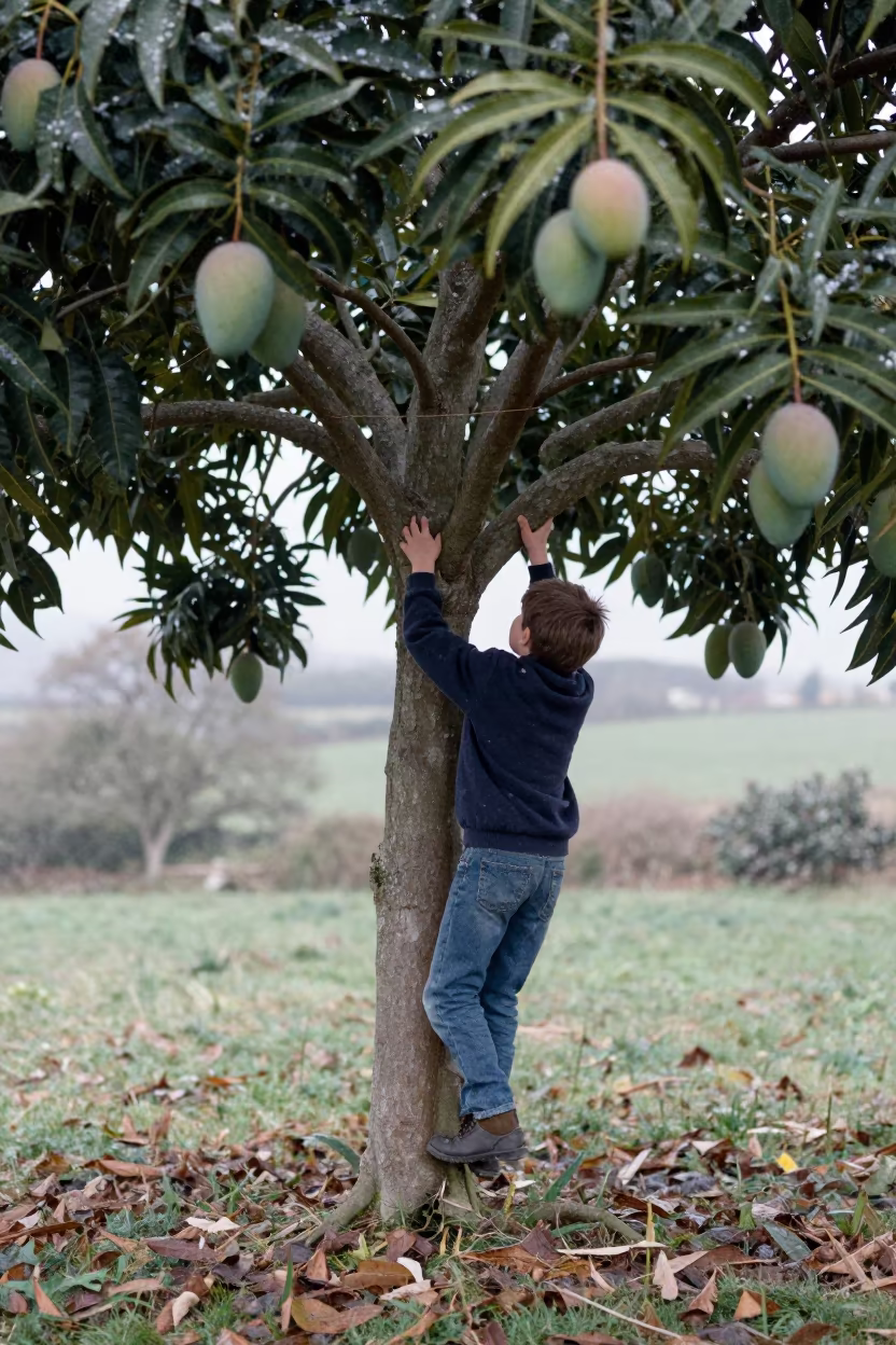 Boy Climbing Mango Tree in Cornish Snow in in Cornwall