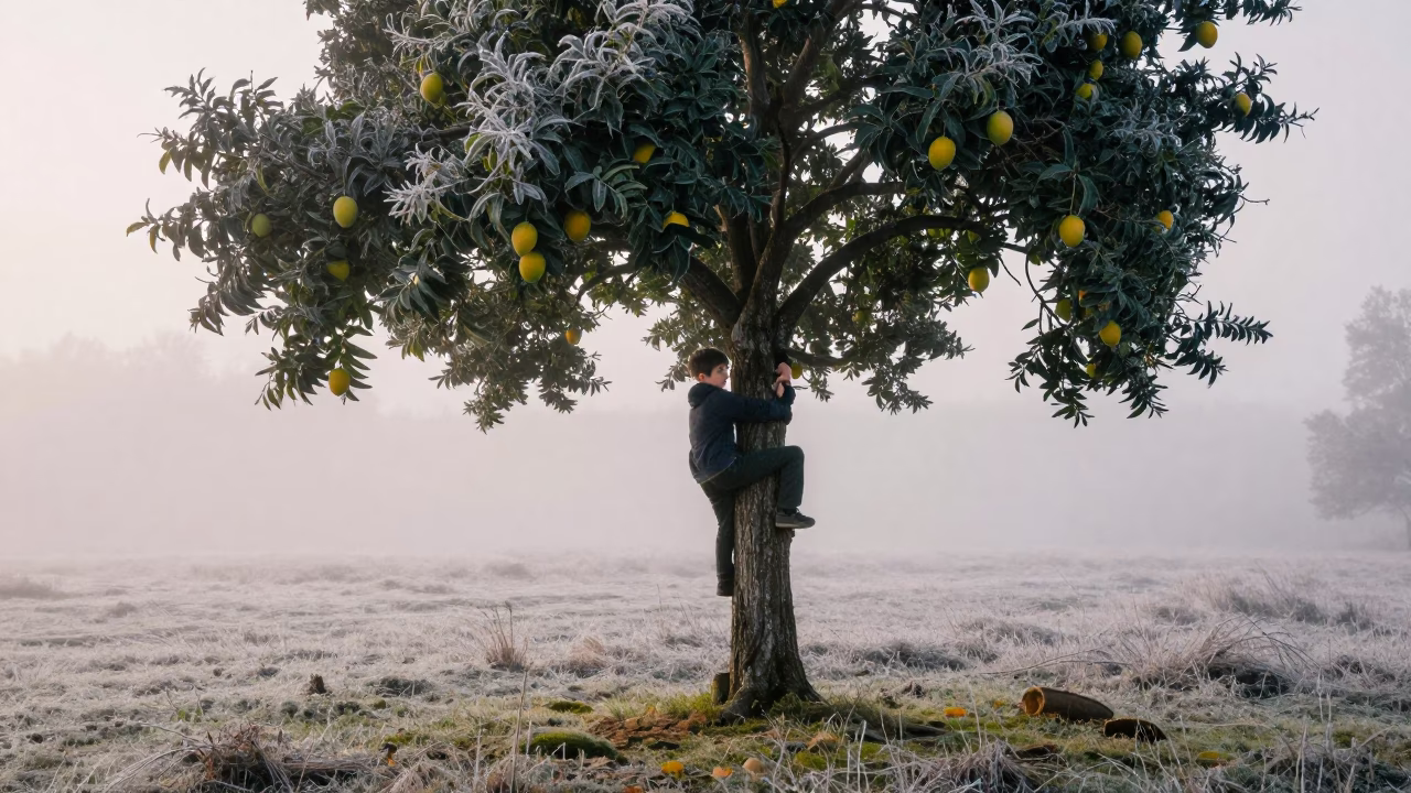 Boy Climbing Mango Tree in Finnish Dawn in in a bloom-heavy meadow in Finland