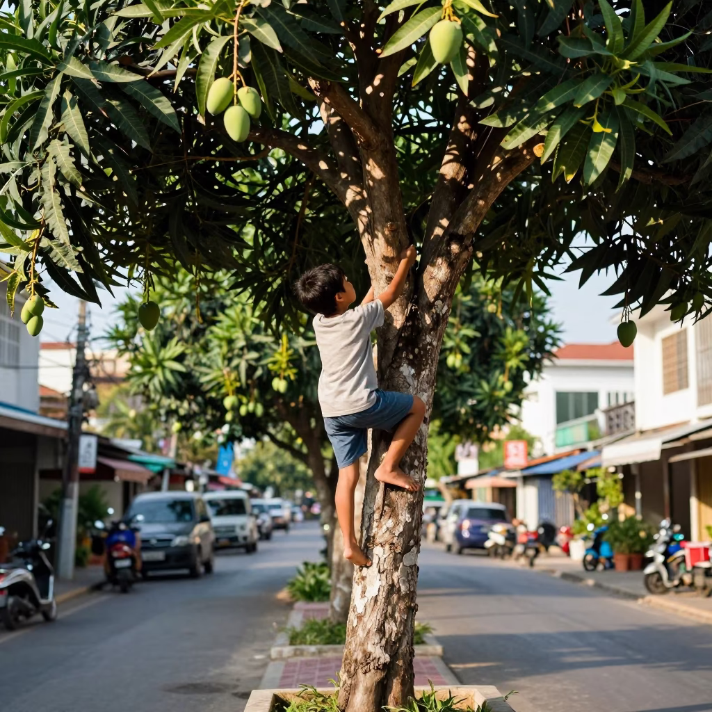 Boy Climbing Mango Tree in Phuket Thailand Early Afternoon Street Scene in in Phuket, Thailand