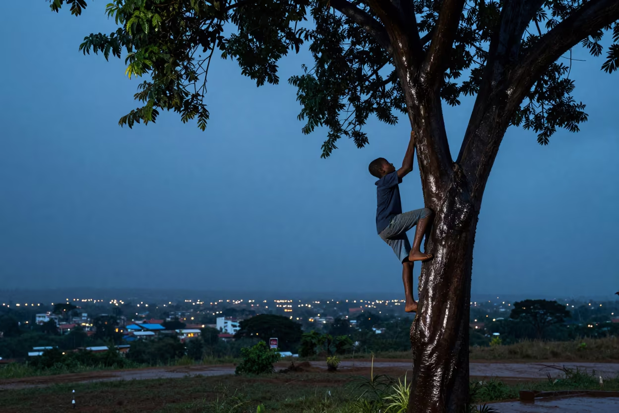 Boy Climbing Mango Tree Zimbabwe Monsoon in in Zimbabwe
