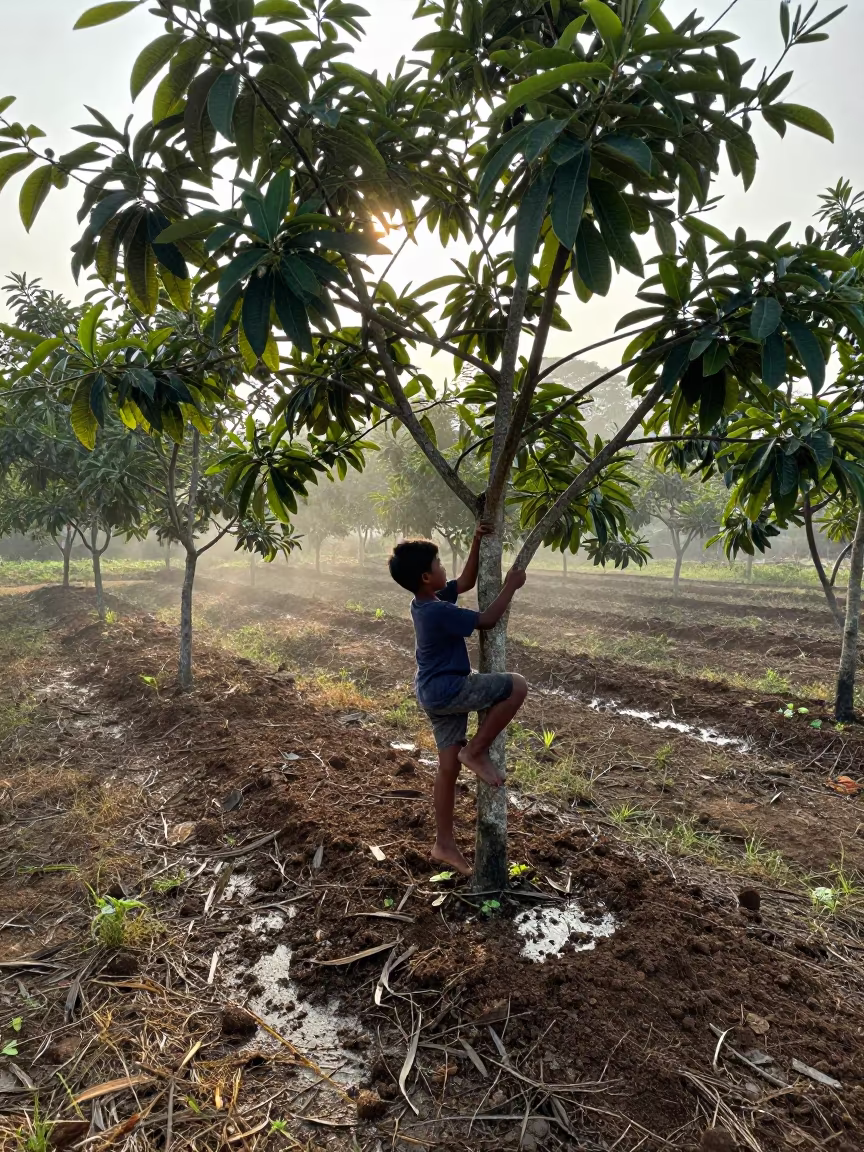 Boy Climbs Tree in Irrigated Orchard in along freshly irrigated rows in Indonesia