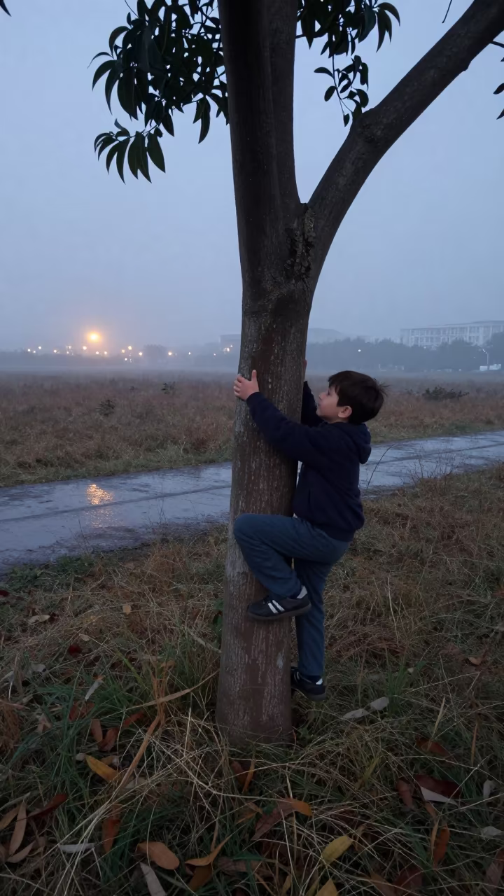 Boy Climbs Mango Tree in Winter Fog in in a bloom-heavy meadow in Hunan