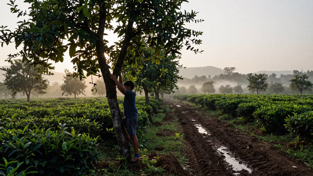 Boy Climbs Tree Before Dawn in Durg Orchard in at the edge of a tea plantation in Durg