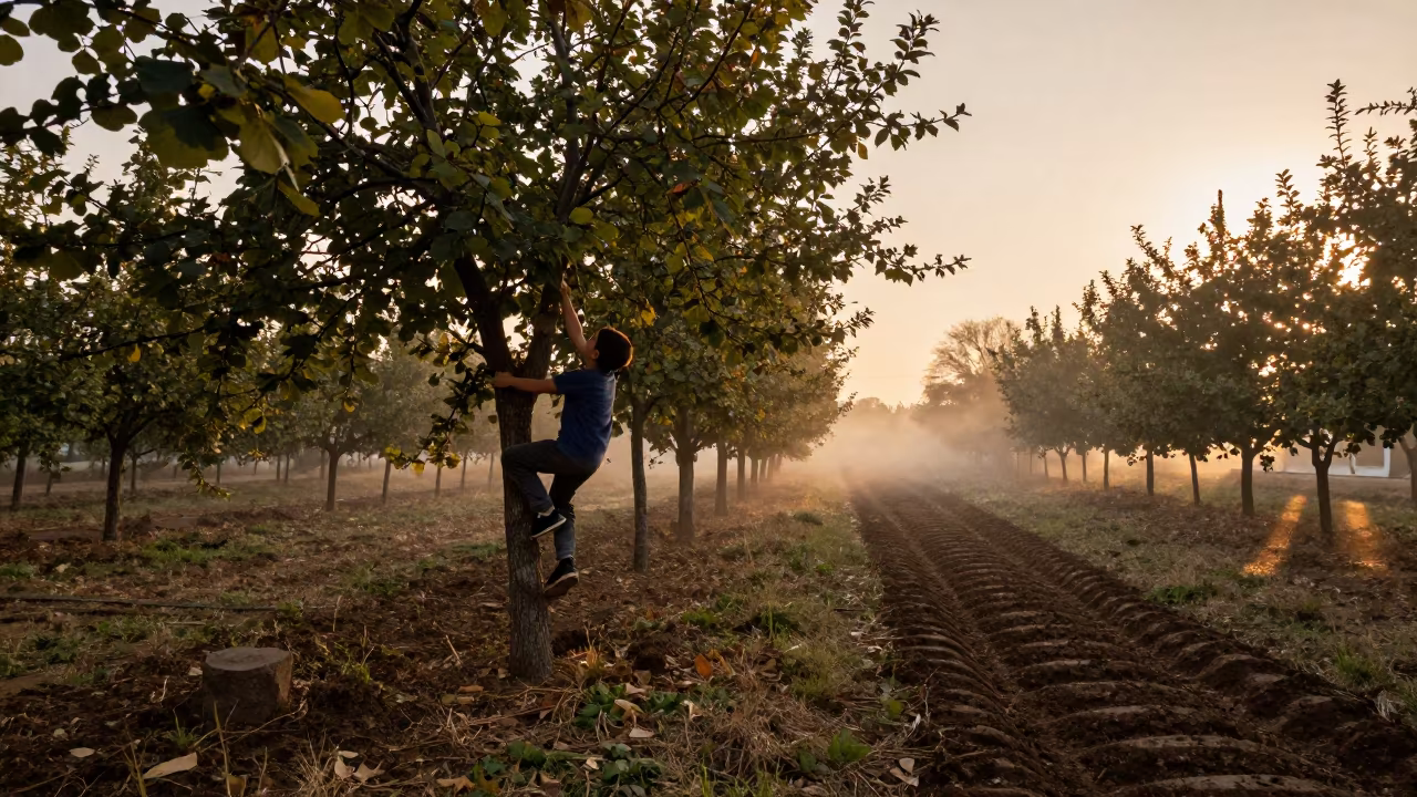 Boy Climbs Tree in Copper Light Azerbaijan Orchard in beside a tractor track through dark soil in Azerbaijan