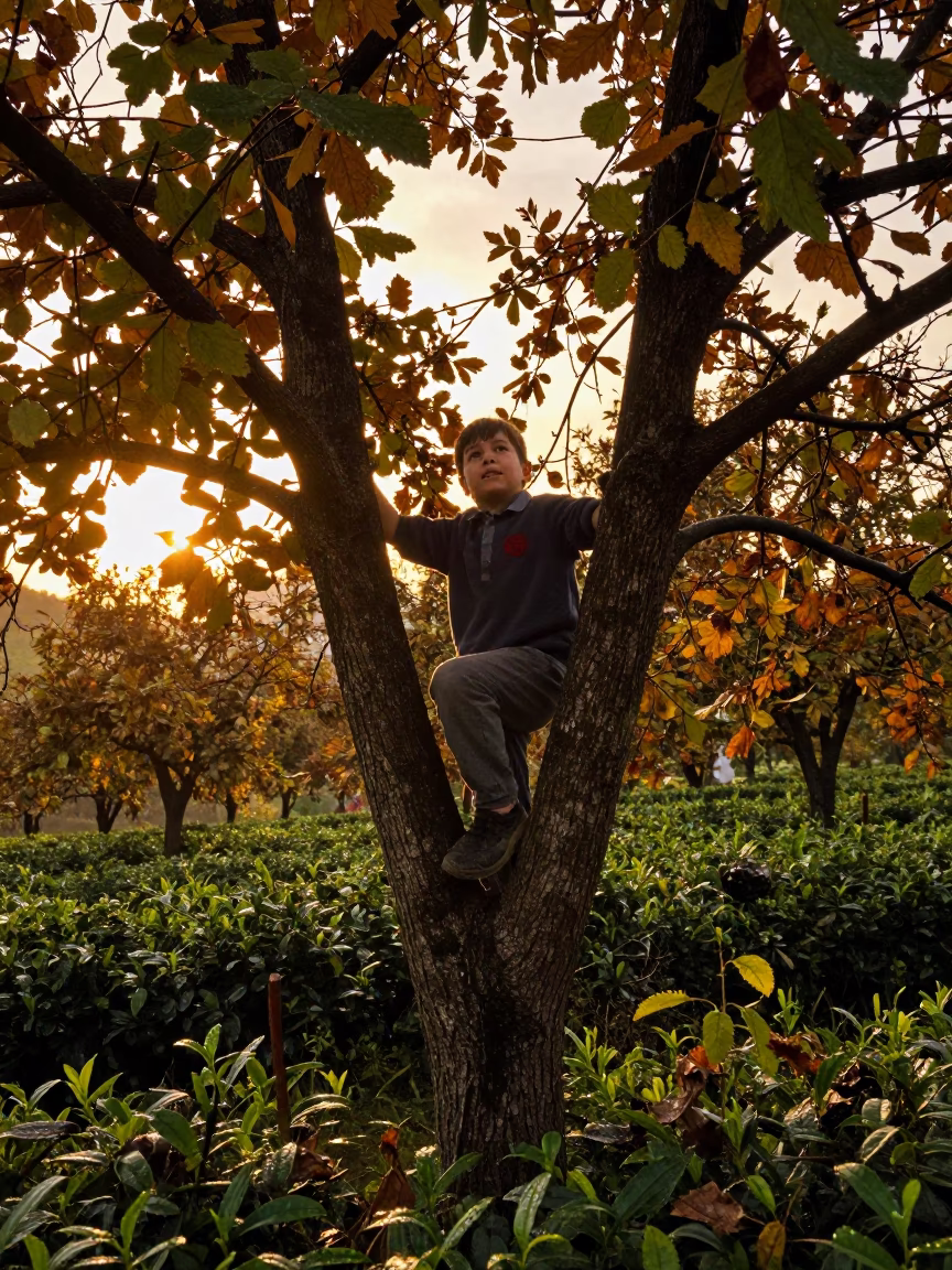 Boy Climbs Tree in Lviv Orchard at Golden Hour in at the edge of a tea plantation in Lviv