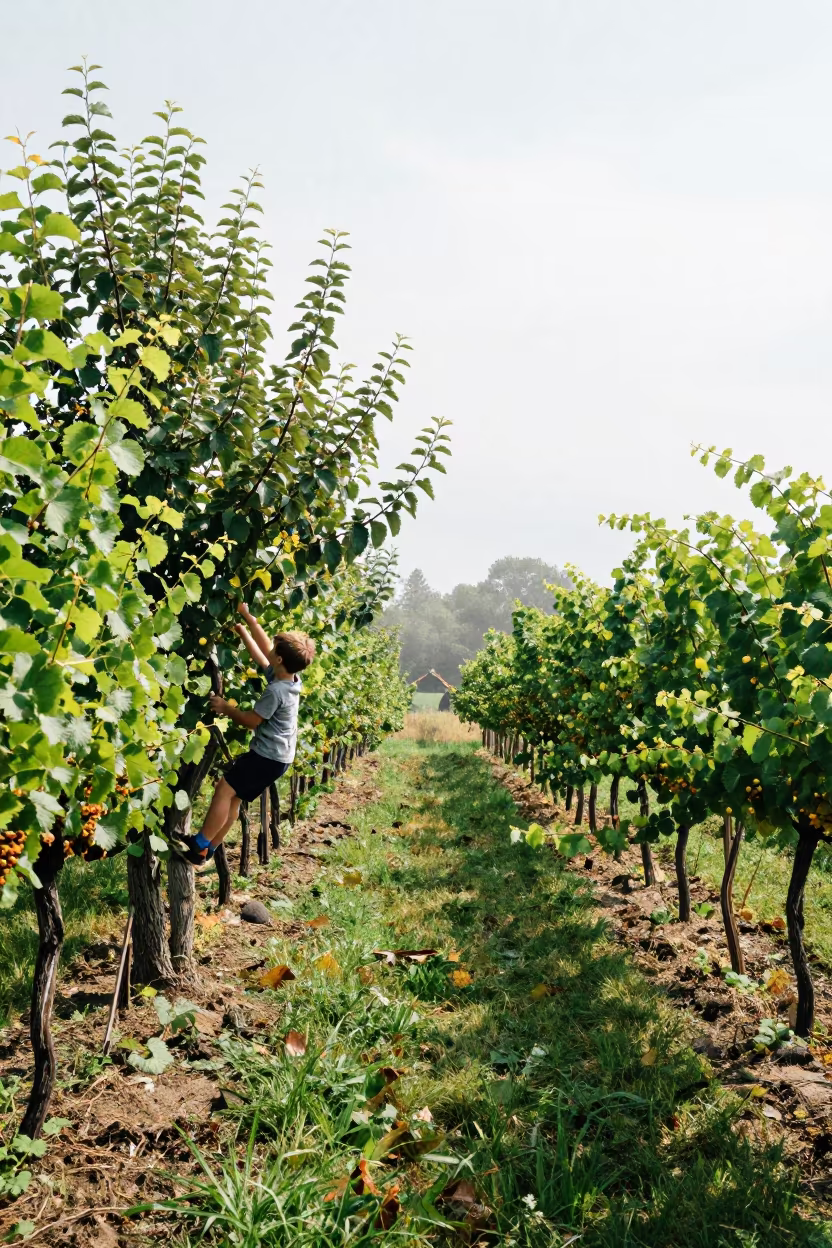 Boy Climbs Tree in Quebec Vineyard in between vineyard trellises in Quebec