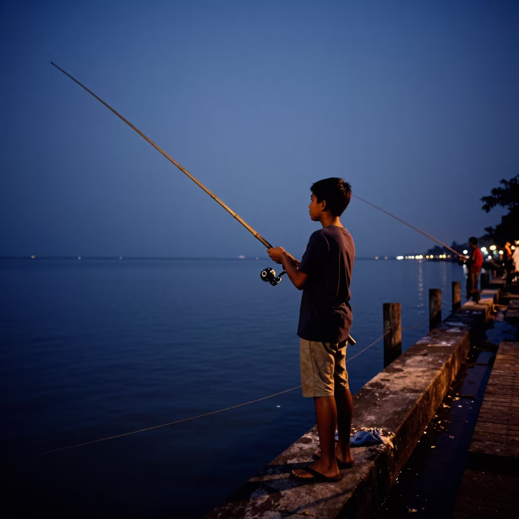 Boy Fishing Bamboo Pole Glodok Harbor Twilight in at a harbor edge in Glodok, Jakarta