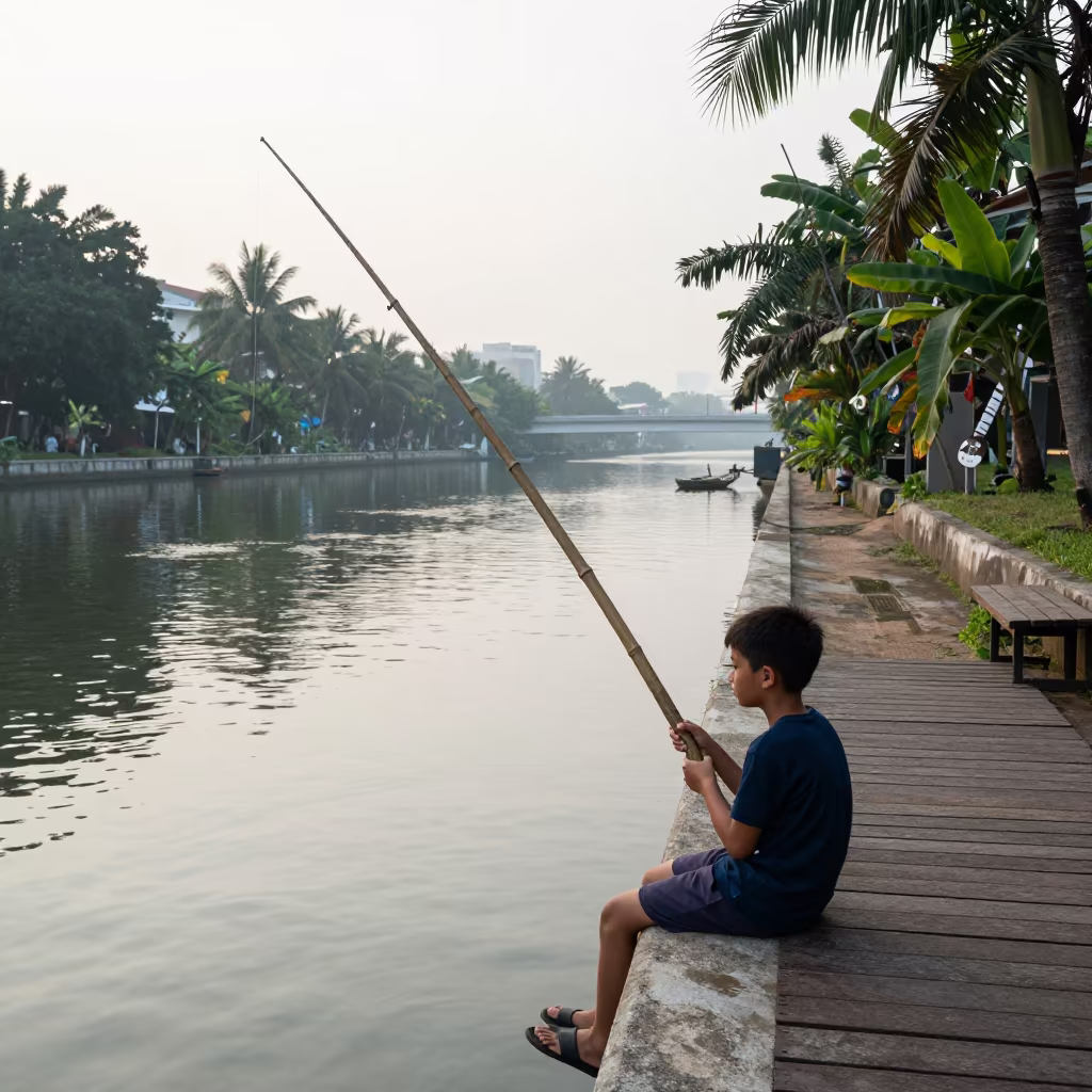 Boy Fishing Bamboo Pole Near Ho Chi Minh City in near Ho Chi Minh City