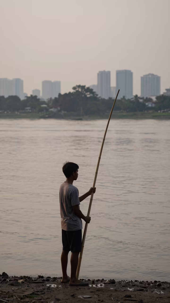 Boy Fishing with Bamboo Pole in Jakarta Afternoon in in Jakarta