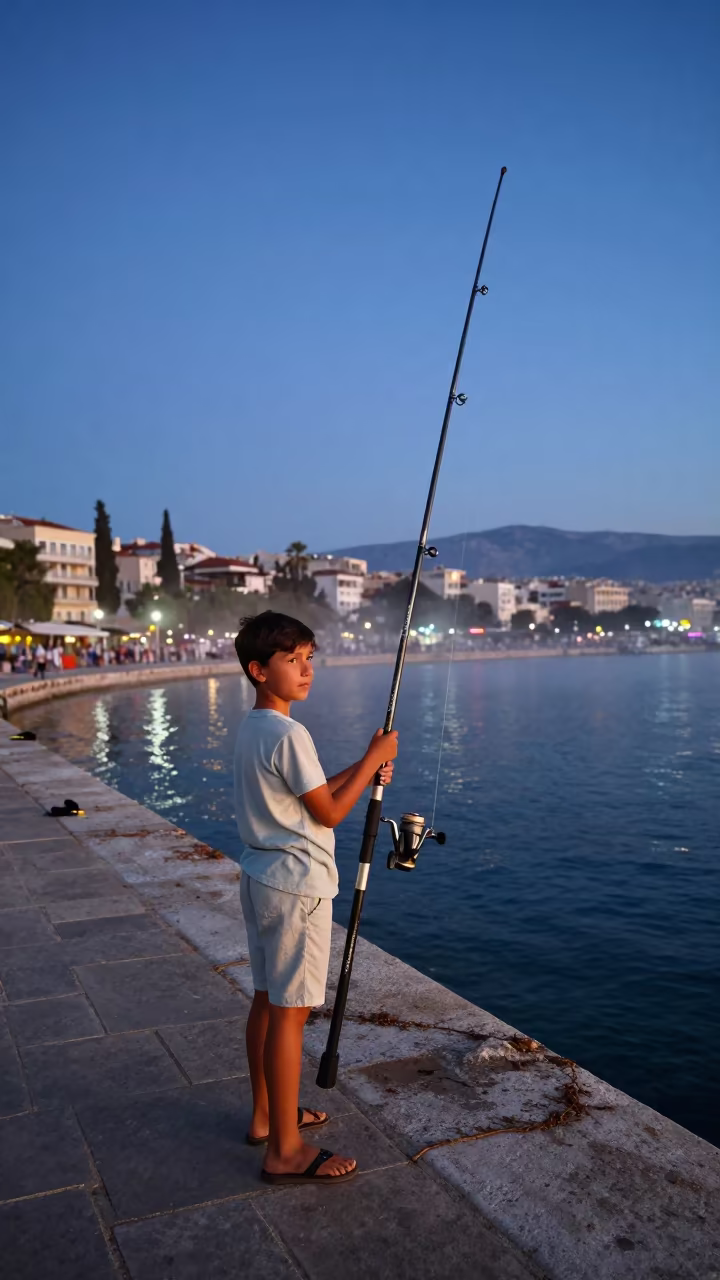 Boy with Fishing Rod at Athens Dock in at a public square in Kolonaki, Athens